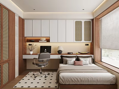 Modern Tatami Bedroom Interior Design With Bed Desk Chair Cabinets And Window 3d model