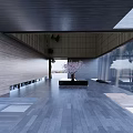 Modern Garden Landscape With Glass Curtain Walls Trees And Open Courtyard Paving