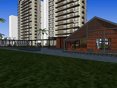 Modern High Rise Buildings With Green Lawn Palm Trees And Wooden Low Rise Structure 3d model