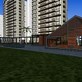 Modern High Rise Buildings With Green Lawn Palm Trees And Wooden Low Rise Structure