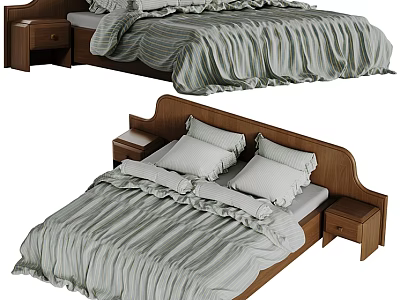 Cozy Double Bed With Wooden Headboard Striped Bedspread And Nightstands 3d model
