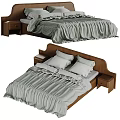 Cozy Double Bed With Wooden Headboard Striped Bedspread And Nightstands