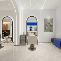 Modern Hair and Beauty Salon Interior With Large Mirrors Styling Chairs Blue White Decor