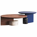 Round Wooden Coffee Table With Blue Pedestal And Marble Base Design