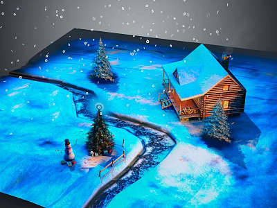 Cartoon Winter Scene With Log Cabin Snow Covered Roof Pine Trees Snowman Pathway Falling Snowflakes 3d model