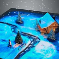 Cartoon Winter Scene With Log Cabin Snow Covered Roof Pine Trees Snowman Pathway Falling Snowflakes