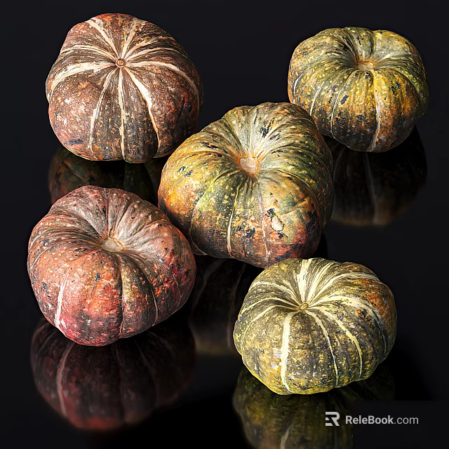 Fresh Vegetable Pumpkins in Various Colors and Shapes with Reflections on Black Surface 3d model 