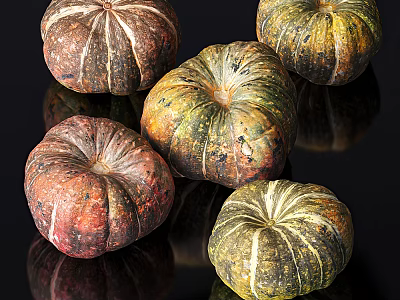 Fresh Vegetable Pumpkins in Various Colors and Shapes with Reflections on Black Surface 3d model
