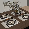 Elegant Dining Table Setting With Flower Vase Candles Wine Glasses And Tableware 3d model