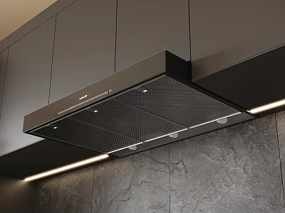Modern Black Range Hood Kitchen Appliance With Marble Wall And Cabinetry 3d model