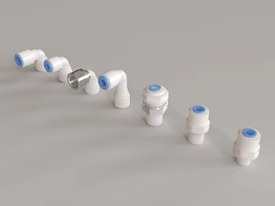 Plumbing Pipe Fittings White And Metal With Elbows Straight Connectors Blue Ports On Gray Background 3d model