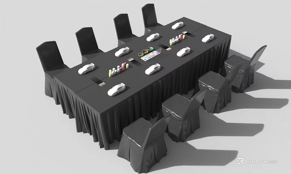 Kids Study Table With Black Tablecloth Surrounding Black Chairs White Items On Top 3d model