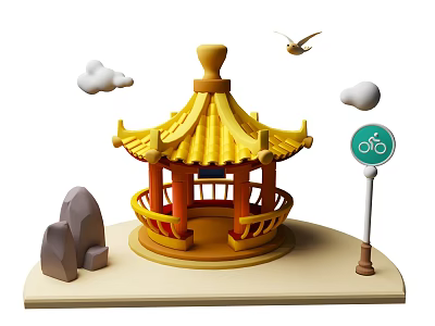 Traditional Landscape Pavilion with Yellow Roof Red Pillars Stones Bicycle Sign Flying Bird and Clouds 3d model