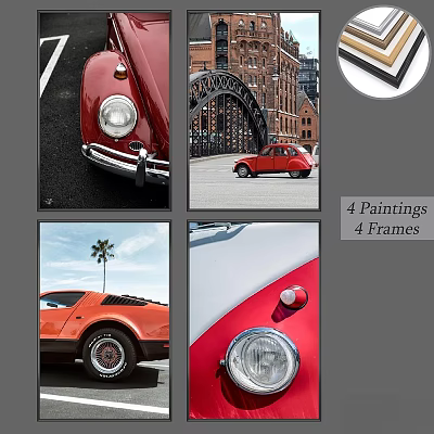 4 Frames Displaying Vintage Red Car And Orange Sports Car Paintings With Building Palm Tree 3d model