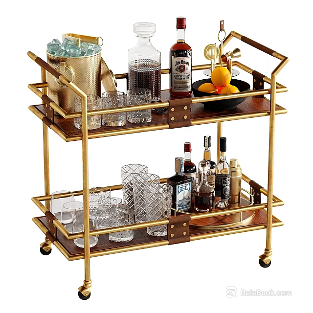 Gilded Two Tier Bar Cart Display With Fresh Fruits Glassware And Liquor Bottles 3d model 