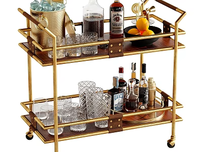 Gilded Two Tier Bar Cart Display With Fresh Fruits Glassware And Liquor Bottles 3d model