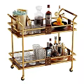Gilded Two Tier Bar Cart Display With Fresh Fruits Glassware And Liquor Bottles