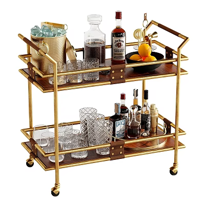 Gilded Two Tier Bar Cart Display With Fresh Fruits Glassware And Liquor Bottles 3d model