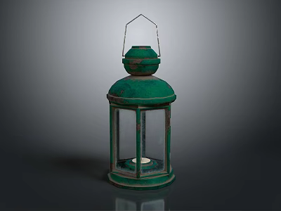 Vintage Green Candle Lantern With Metal Frame Glass Panels And Top Handle 3d model