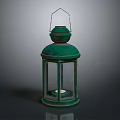 Vintage Green Candle Lantern With Metal Frame Glass Panels And Top Handle