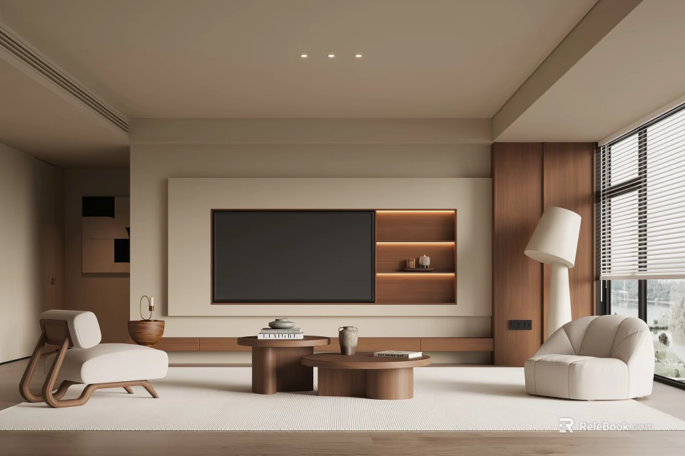 Modern Living Room Interior with Wooden TV Wall LED Lighting Beige Armchairs Round Coffee Table 3d model 