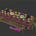 Wooden Dining Table With Pizza Cups Plates Clay Pots Bench And Stools