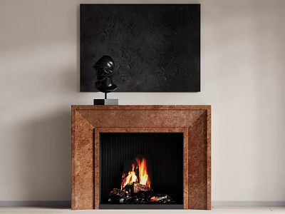 Elegant Marble Fireplace With Burning Flames And Artwork Above In Modern Living Room 3d model