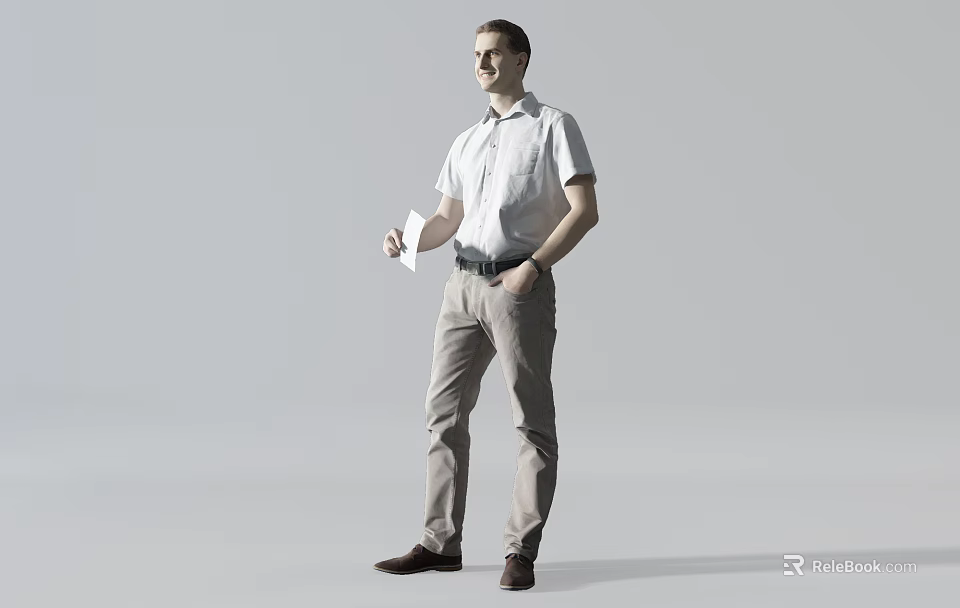 Man In White Sleeved Shirt Khaki Pants Brown Shoes Holding White Cup Against Gray Background 3d model 