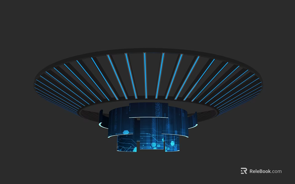 Modern Exhibition Hall Ceiling With Blue Striped Lighting And Digital Display Elements 3d model