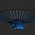 Modern Exhibition Hall Ceiling With Blue Striped Lighting And Digital Display Elements 3d model