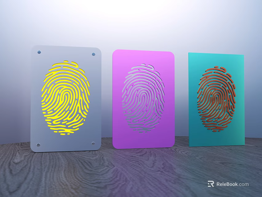 Colorful Decorative Ornament Set With Fingerprint Design In Yellow Purple Teal On Wooden Surface 3d model 