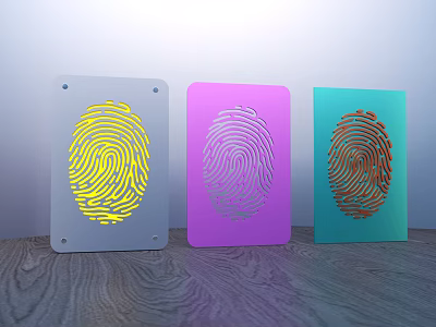 Colorful Decorative Ornament Set With Fingerprint Design In Yellow Purple Teal On Wooden Surface 3d model