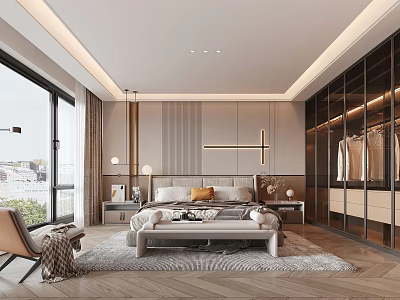 Elegant Modern Bedroom Interior Design With Large Windows Walk-in Closet And Plush Rug 3d model