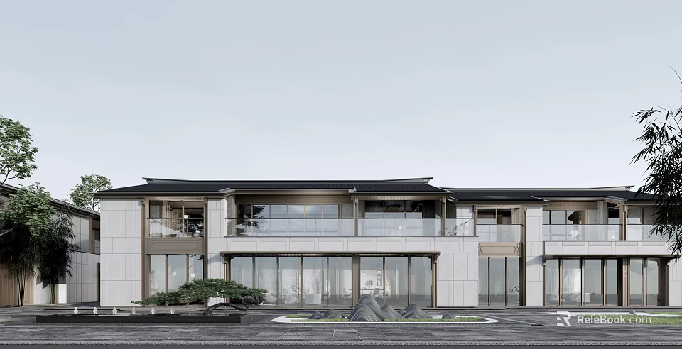 Modern Townhouse Exterior Design With Large Windows Black Roof And White Walls 3d model 