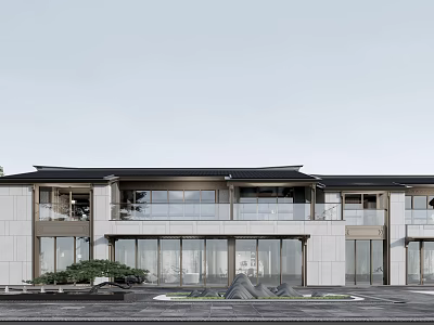 Modern Townhouse Exterior Design With Large Windows Black Roof And White Walls 3d model