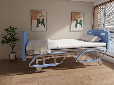 Blue Hospital Bed With White Sheets And Room Decor Including Paintings Plant And Wooden Floor 3d model