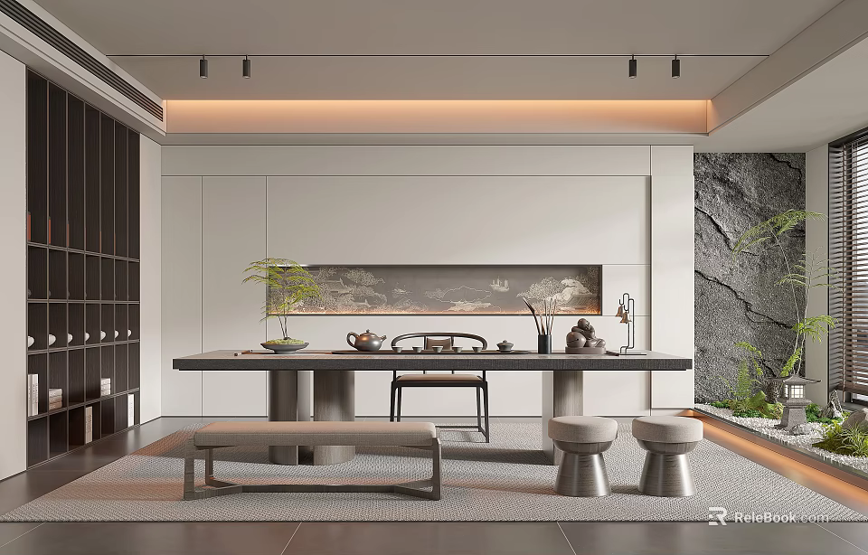 Traditional Chinese Tea Room Interior With Wooden Tea Table Sets And Landscape Painting 3d model 