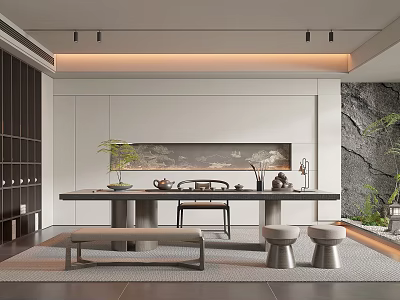 Traditional Chinese Tea Room Interior With Wooden Tea Table Sets And Landscape Painting 3d model