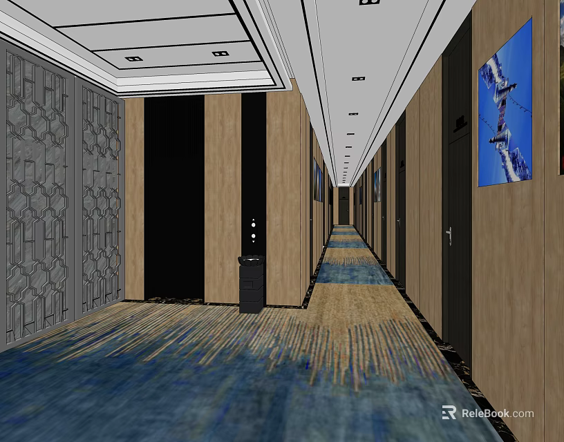 Elevator Hallway Featuring Grey Patterned Walls Wooden Panels Blue Yellow Carpet And Recessed Lighting 3d model 