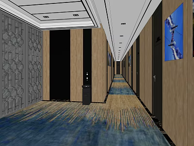 Elevator Hallway Featuring Grey Patterned Walls Wooden Panels Blue Yellow Carpet And Recessed Lighting 3d model
