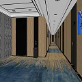 Elevator Hallway Featuring Grey Patterned Walls Wooden Panels Blue Yellow Carpet And Recessed Lighting