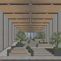 Modern Office Corridor With Gray Brick Walls Wooden Slat Ceiling Recessed Lights And Green Plants