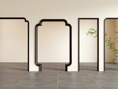 Wooden Frame Components on Light Colored Wall with Gray Tile Floor and Green Plant 3d model