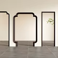 Wooden Frame Components on Light Colored Wall with Gray Tile Floor and Green Plant