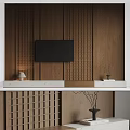 Modern Wooden TV Background Wall with Grid Pattern Flat Screen TV and Decorative Lighting 3d model