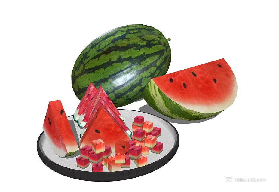 Fresh Watermelon Display With Whole Half Sliced And Cubed Pieces On Plate 3d model 