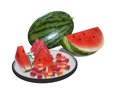 Fresh Watermelon Display With Whole Half Sliced And Cubed Pieces On Plate 3d model