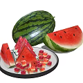 Fresh Watermelon Display With Whole Half Sliced And Cubed Pieces On Plate