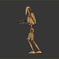 Orange Robot Game Movie Character Holding Gun in Standing Pose on Gray Background