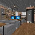 Modern Internet Cafe Interior With Brick Walls Chandelier Wooden Bookshelves And Computers With Blue Screens